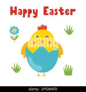 Happy Easter greeting card with a cute chick in eggshell Stock Vector