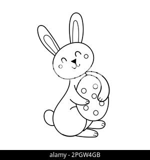 Cute Easter bunny with egg coloring page. Spring black and white print for coloring book Stock Vector