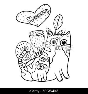 Mommy cat with her baby kitten coloring page. Black and white greeting card for Mother Day Stock Vector