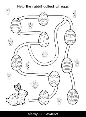 Help little rabbit to collect all eggs. Easter maze game for kids. Black and white spring activity page Stock Vector