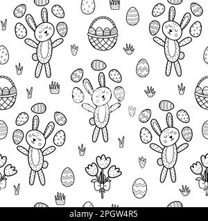 Easter bunny juggling eggs black and white seamless pattern Stock Vector