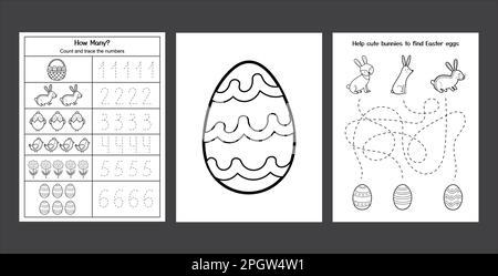 Easter Worksheets set with cute bunnies and chicks. Black and white spring activity pages collection Stock Vector