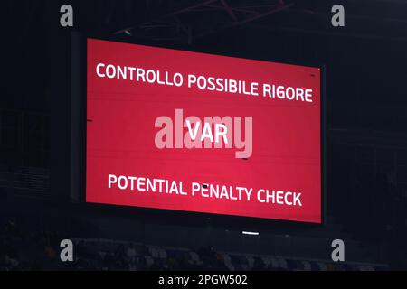 Naples, Italy. 23rd Mar, 2023. The scoreboard displays the message for a VART check resulting in the penalty for Harry Kane of England's record 54th goal for the national team during the UEFA European Championship Qualifying match at Stadio Diego Armando Maradona, Naples. Picture credit should read: Jonathan Moscrop/Sportimage Credit: Sportimage/Alamy Live News Stock Photo