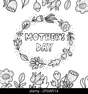 Mother Day black and white greeting card. Coloring page for kids Stock Vector