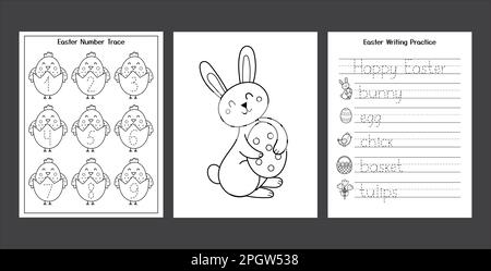 Easter Worksheets set with cute bunny and chick. Black and white spring activity pages collection Stock Vector
