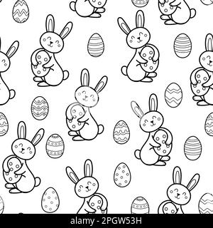 Cute Easter rabbit with egg black and white seamless pattern Stock Vector