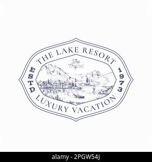 Outdoor Recreation Vacation Frame Badge Logo Template. Hand Drawn Mansion Building near Lake and Mountains Landscape Sketch with Retro Typography and Stock Vector