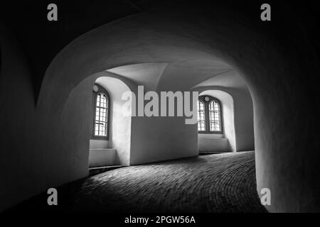 Black and White images of the interior of the Round Tower in central Copenhagen. Stock Photo