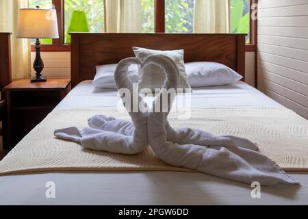 Tortuguero National Park, Costa Rica - Towels folded as swans in a room at Evergreen Lodge, a hotel in the coastal rain forest. Stock Photo