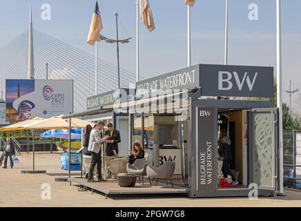 Belgrade, Serbia - March 22, 2023: BW Real Estate Office in Converted Container Belgrade Waterfront at Fairground Expo Spring Day. Stock Photo