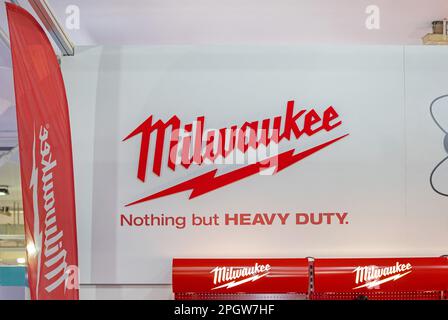 Belgrade, Serbia - March 22, 2023: American Tools Manufacturer Milwaukee Booth at Car Expo Fair. Stock Photo