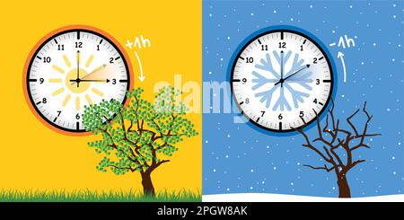 summer time and winter time concept with clock and tree Stock Vector