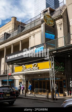 Music Box Theater Dancin Signage  and decorative scaffolding advertising, 2023, NYC Stock Photo