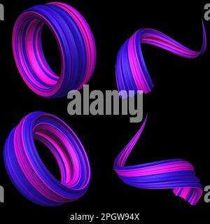 Set of abstract twisted ribbons.  circle spiral abstract blue magenta and pink colour 3d rendering Stock Photo