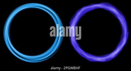 fire smoke circle flame blue purple. Two blue neon rings on a black background. Stock Photo