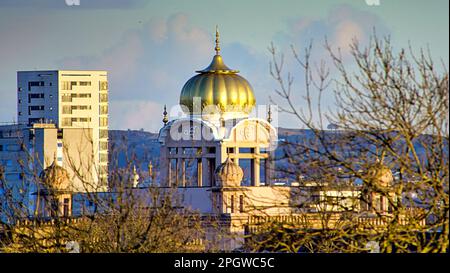 aerial rooftop view Glasgow Central Gurdwara - Singh Sabha  174 Berkeley Street, G3 7HY over the roofs of the west end Stock Photo