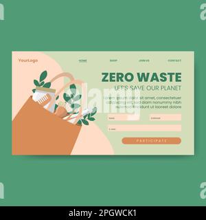 Eco bag with eco products, and leaves with text Zero Waste on a landing page, vector illustration Stock Vector