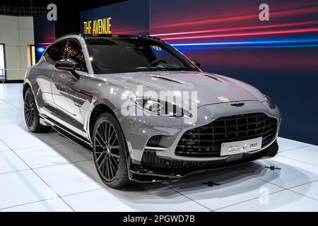 Aston Martin DBX 707 car showcased at the Brussels Autosalon European Motor Show. Brussels, Belgium - January 13, 2023. Stock Photo