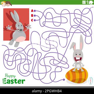 Cartoon illustration of lines maze puzzle game with Easter Bunnies and Easter egg Stock Vector