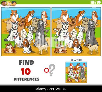 Cartoon illustration of finding the differences between pictures educational game with purebred dogs animal characters Stock Vector