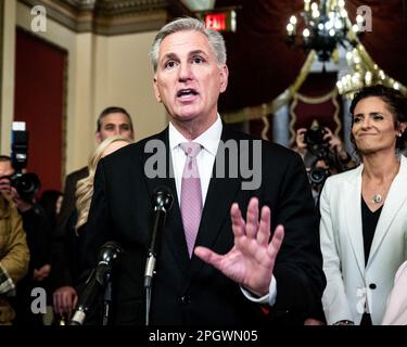 Washington, United States. 24th Mar, 2023. House Speaker Kevin McCarthy (R-CA) speaking at a press conference about H.R. 5, The Parents Bill of Rights Act, at the U.S. Capitol. (Photo by Michael Brochstein/Sipa USA) Credit: Sipa USA/Alamy Live News Stock Photo