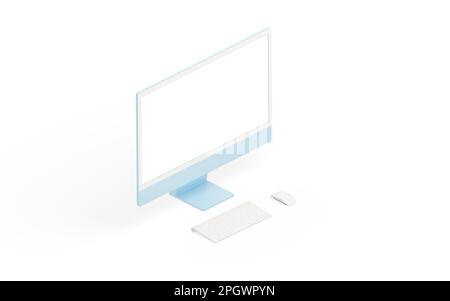 Modern computer display, keyboard and mouse on white surface. Isometric position. Isolated screen for mockup Stock Photo