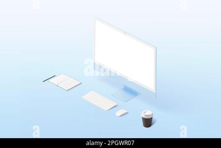 Isometric work desk with computer display, keyboard, mouse, pad, pen and coffee mug. Isolated screen for web page presentation. Blue surface Stock Photo