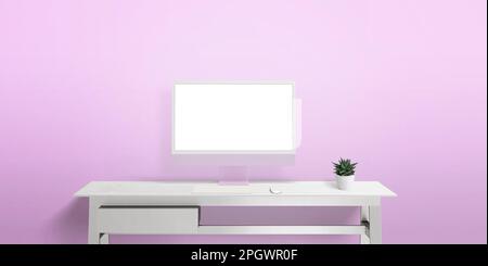 Computer display on white work desk with isolated screen for web page presentation. Pink wall with copy space in background Stock Photo