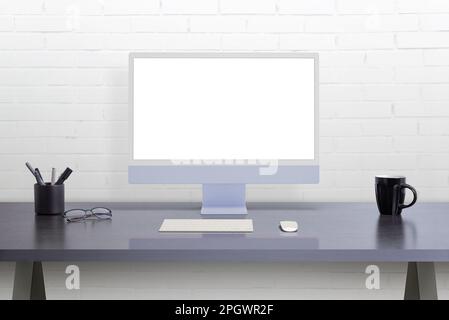 Modern computer display on office desk. Isolated screen for web page mockup promotion Stock Photo