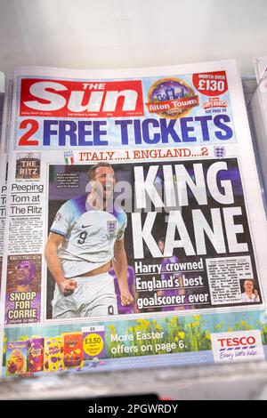Footballer Harry Kane front page The Sun newspaper headline 'King Kane' best goalscorer ever for England vs Italy 24 March 2023 London UK Stock Photo