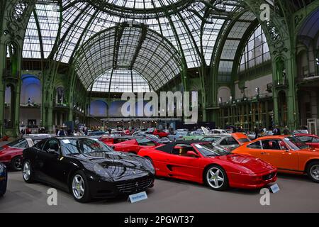 Paris, France - February 4, 2020: Bonhams 2020 sale at the Grand Palais in Paris. Global view of the event, with several beautiful vintage cars. Stock Photo