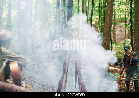 TERNOPIL, UKRAINE - June 2020 UPA Ukrainian Insurgent Army movie filming. Pictures of backstage. Smoke at campfire Stock Photo