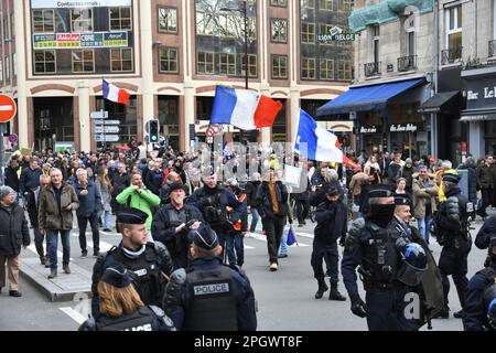 Lille,France,23th March,2023.Massive protesting across France against the pension reforms. The age of retirement is planned to go up from age 62 to 64 Stock Photo