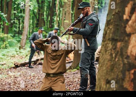 TERNOPIL, UKRAINE - June 2020 UPA Ukrainian Insurgent Army movie filming. Pictures of backstage. Interrogation of the hostage Stock Photo