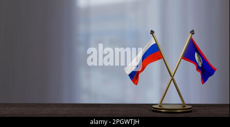 Russia and Belize flags on table. Negotiation between Belize and Russia. on little blur background. 3D work and 3D image Stock Photo