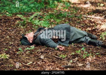 TERNOPIL, UKRAINE - June 2020 UPA Ukrainian Insurgent Army movie filming. Pictures of backstage. Dead soldier Stock Photo