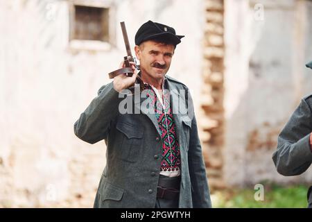 TERNOPIL, UKRAINE - June 2020 UPA Ukrainian Insurgent Army movie filming. Pictures of backstage. Old soldier Stock Photo
