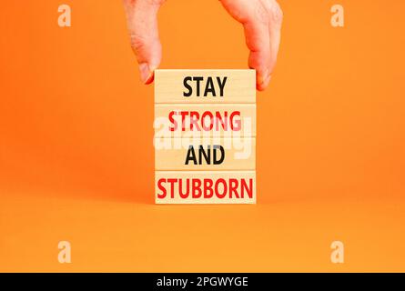 Stay strong and stubborn symbol. Concept words Stay strong and stubborn on wooden block. Beautiful orange table orange background. Motivational busine Stock Photo