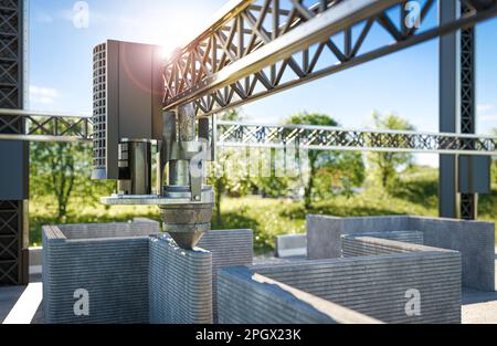3d printing building with concrete. New technology house building using a modern CNC machine Stock Photo