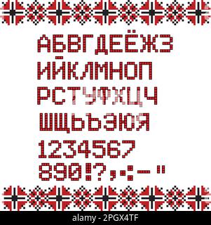 Russian alphabet on white and red national ethnic ornament pattern background. Cyrillic alphabet. Set Russian letters.Vector Stock Vector