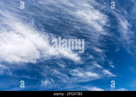 Wispy cirrus clouds move across a blue sky Stock Photo