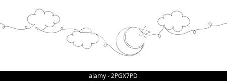 One single line drawing with cloud and star on white background. Continuous line draw vector illustration. Stock Vector