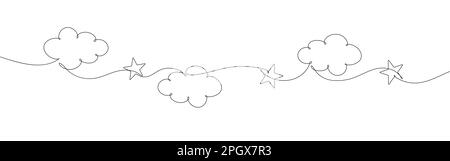 One single line drawing with cloud and star on white background. Continuous line draw vector illustration. Stock Vector