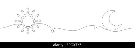 Continuous line suna and moon art. Single line sketch sunny summer travel concept, minimalist design for print, poster Stock Vector