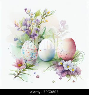 Easter coloring eggs in flowers hand drawn watercolor illustration Easter Stock Photo