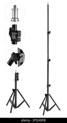 tripod for photographic equipment, light bulbs on a white background in insulation Stock Photo