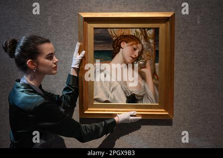 Bonhams is delighted to present the forthcoming sale of 19 th century & British Impressionist Art , taking place on the 29 March 2023 . Among the sale highlights are masterpieces by John William Godward , frederic ,Lord Leighton and John Everett Millais . The sale also includes important works by Vasilli Polenov , Ivan Aivazovsky and Vistor Gabriel Gilbert . The sale will be on view every day from Friday 24 March 2023 ... Stock Photo