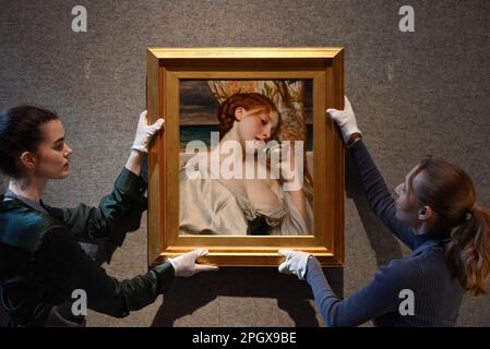 Bonhams is delighted to present the forthcoming sale of 19 th century & British Impressionist Art , taking place on the 29 March 2023 . Among the sale highlights are masterpieces by John William Godward , frederic ,Lord Leighton and John Everett Millais . The sale also includes important works by Vasilli Polenov , Ivan Aivazovsky and Vistor Gabriel Gilbert . The sale will be on view every day from Friday 24 March 2023 ... Stock Photo