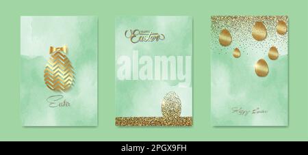 set card Happy Easter gold texture, luxury green watercolor background. Easter holiday invitations templates collection, hand drawn lettering golden Stock Vector