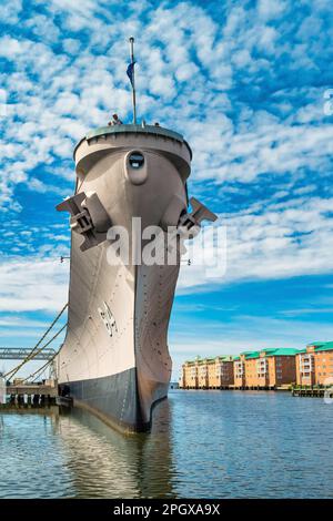 The USS Wisconsin battleship, located at Nauticus Museum in downtown Norfolk, Virginia, USA. Stock Photo